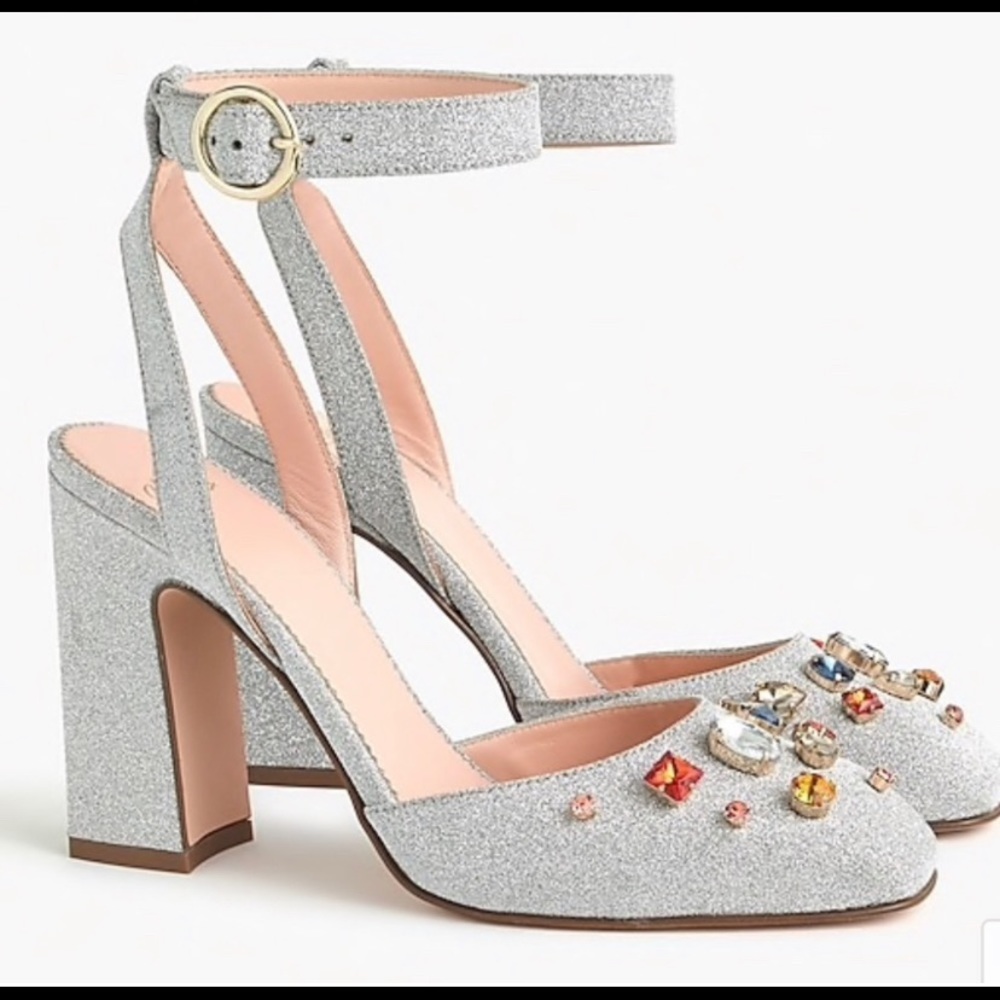 J.Crew Harlow Silver Glitter Bejeweled Ankle-Strap Pumps Wedding Block Heels.